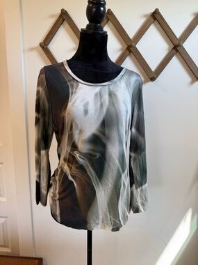 Escada Long-Sleeve Abstract Swirl Top in Olive, Beige, Brown LOT OF 2
